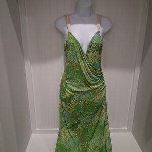 Vera Wang Green Patterned Midi Dress with Cream Straps